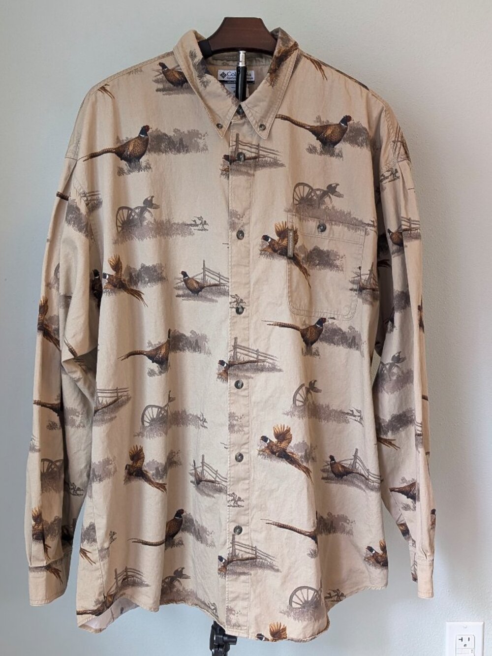 Columbia River Lodge Vintage Mens Button Down Beige Pheasant Shirt - XXL Hunting